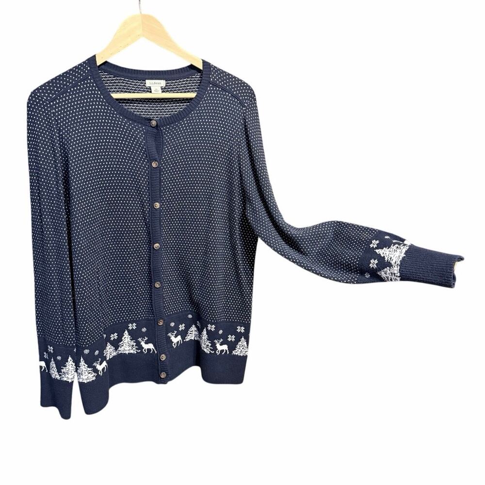 L.L. Bean blue button front cardigan sweater winter snow medium cotton cashmere